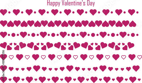 A cheerful Happy Valentines Day message is surrounded by decorative rows of pink and purple hearts and dots