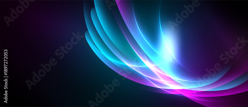 Abstract light streaks form curved shapes. Vivid blues, purples, pinks blend into darkness. Dynamic energy radiates from central glow.