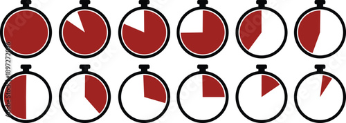 A clean set of twelve stopwatch icons display various segments of time counting down or progressing
