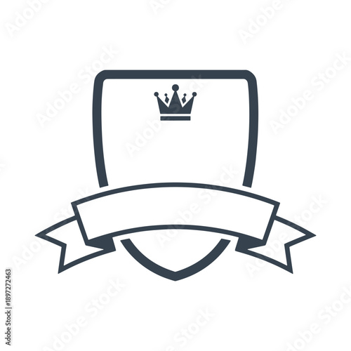 Dark blue shield emblem with crown and blank ribbon banner crest badge