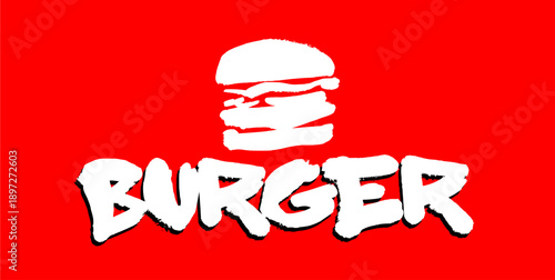 Modern burger logo with white text and icon on red background. Clean hand drawn vector illustration for fast food restaurant identity, cafe branding, and delivery apps.