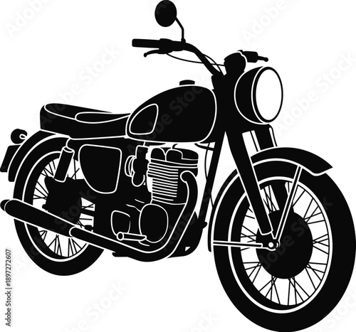 Black silhouette of a classic vintage motorcycle with detailed like spoked wheels and engine components