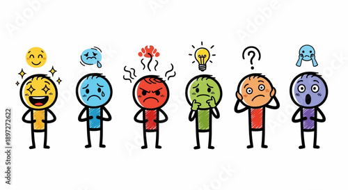 A row of six cartoon stick figures illustrating various human emotions and states of mind, including happiness, sadness, anger, thought, confusion, and fear.