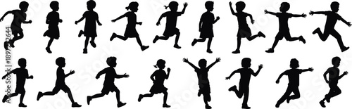 Assortment of black silhouettes of children in diverse running and jumping postures symbolizing active childhood and spirited outdoor play