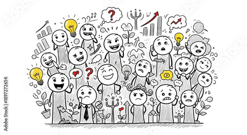 Hand-drawn doodle illustration of a diverse group of cartoon people expressing various emotions and ideas, surrounded by business, growth, and communication symbols.