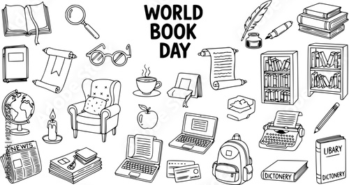 World Book Day Education and Reading Elements Line Art Doodle Set. Black and White Hand Drawn Books, Learning Tools  Stationery Icons for Knowledge.