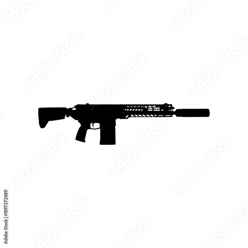 Black vector silhouette icon of an XM7 rifle with suppressor.