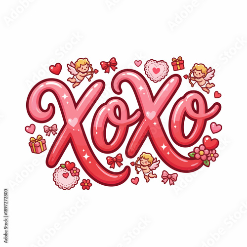 XOXO with Cupids, Hearts, and Bows - A Sweet Valentine's Day Greeting