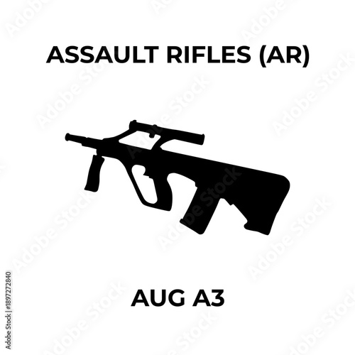 A black silhouette vector icon of a Steyr AUG A3 bullpup assault rifle on a white background.