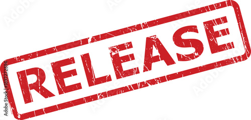 Vibrant red rubber stamp with a grunge effect displaying the word RELEASE on an isolated white surface