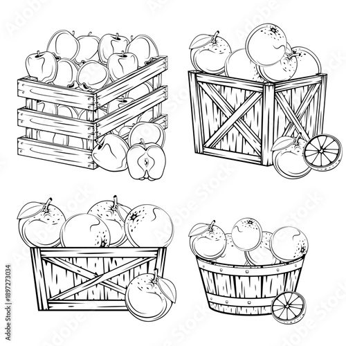 Wooden Box with fruits. Wooden crates full of fruits. Farm, storage, delivery. Organic market. Harvest and agriculture