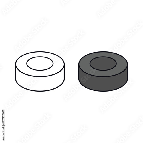 Simple vector illustration of two ice hockey pucks shown in light and dark versions, designed as minimal sports equipment icons.
