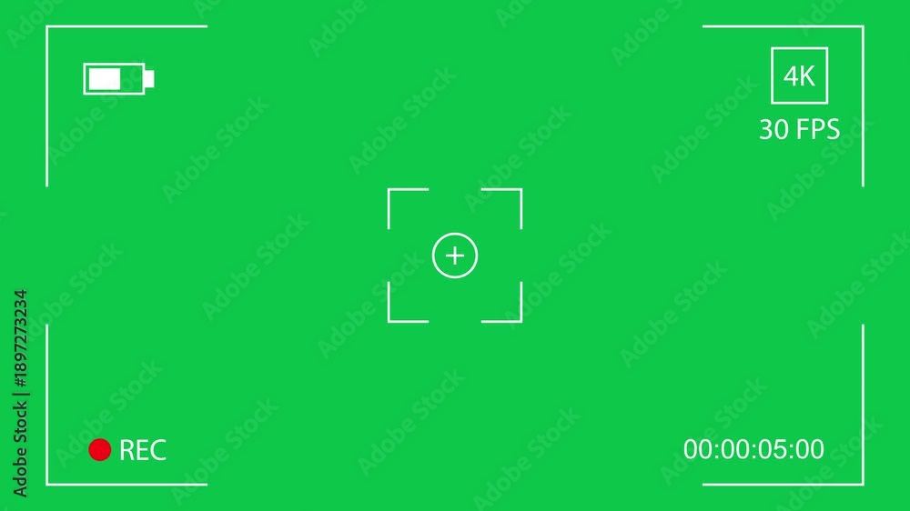 Green screen camera HUD overlay with REC indicator, focus reticle, 4K ...