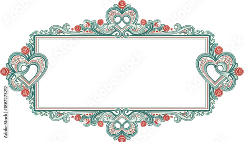 Fotografi Ornate vintage frame with teal and red heart-shaped floral scrollwork