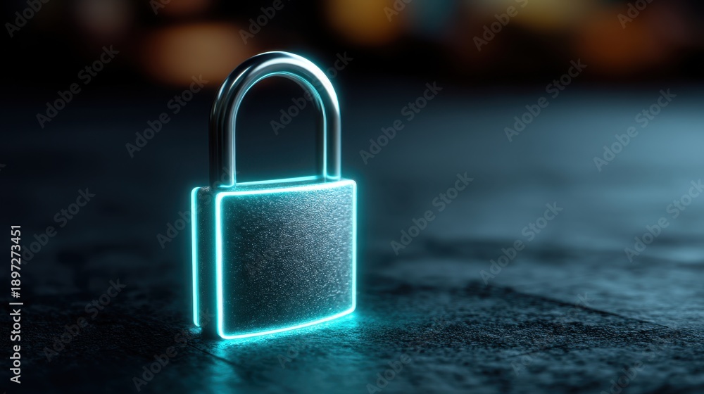 Fototapeta premium Padlock with glowing blue outline. Digital internet security concept. Data protection for cybersecurity and privacy.