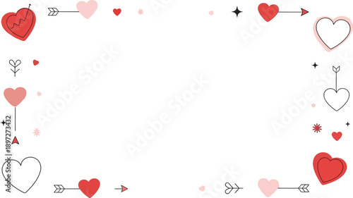 Simple frame with red hearts, arrows, and cupid motifs for romance