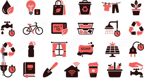 Collection of modern eco-friendly icons representing sustainable lifestyle and technology in monochrome red and black on a clean background