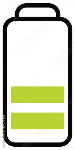 A battery displaying a low charge level with two light green bars indicating partial power