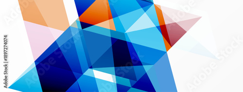 Abstract geometric shapes overlap, creating vibrant blue, orange, pink composition. Clean lines define modern design aesthetic.