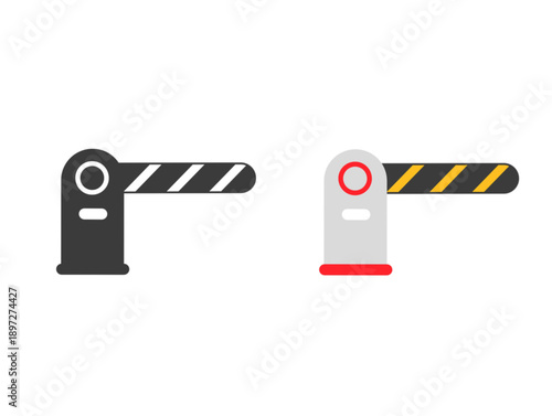 Vector set of automatic barrier gate arms in black and gray with striped warning patterns. Icons representing parking security, restricted vehicle access, toll booths, and traffic control systems.