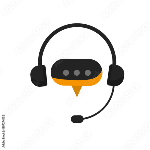 Minimalist vector icon of a black headset with a microphone and an orange speech bubble. Graphic representing customer support, telemarketing services, hotline assistance, and call center help