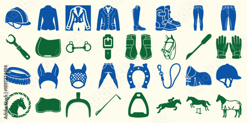 Equestrian Equipment Silhouette Icons Set, Horse Riding Gear and Tack Vector Pack