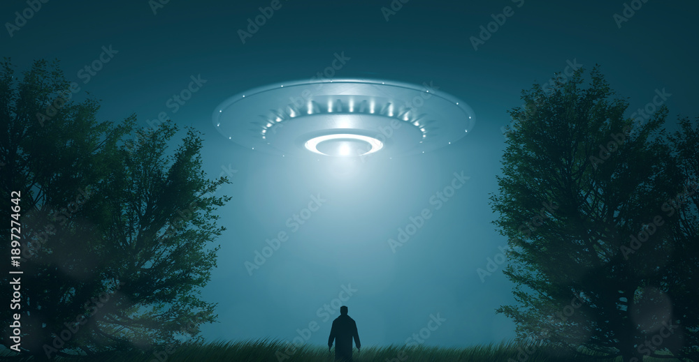 Fototapeta premium Man encountered a UFO in the forest.