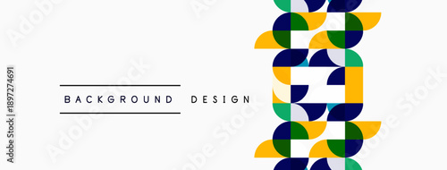 Abstract geometric pattern. Circles, squares, rectangles form repeating design. Yellow, blue, green colors dominate white space. Minimalist style.