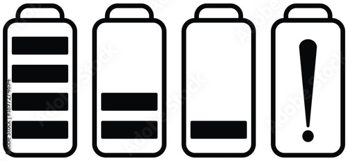 Four battery level indicators showing full medium low and critical warning states Keywords