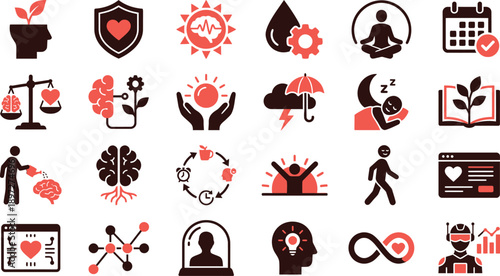 Collection of various monochrome icons representing different concepts and actions in red and black against a neutral background, reference '1 (9).eps'