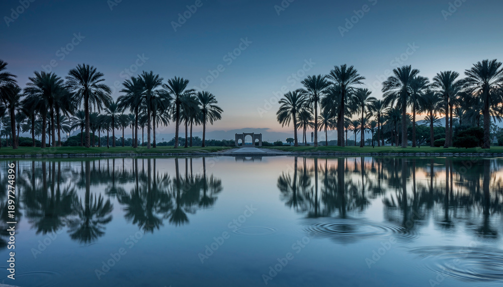 Obraz premium Serene Dawn Reflection of Palm Trees over Tranquil Water