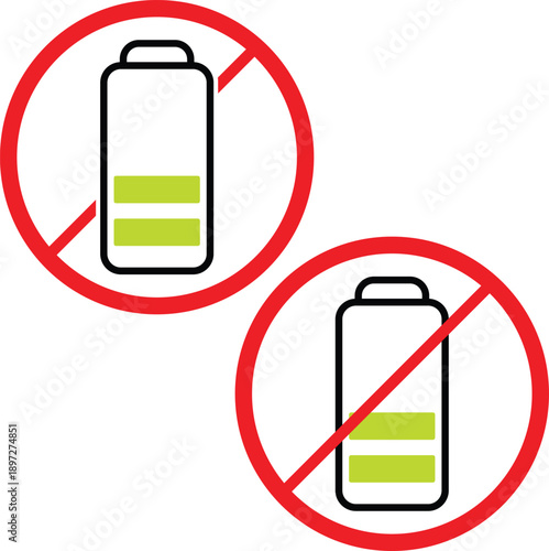 Two battery with prohibition signs and green charge levels on a white background