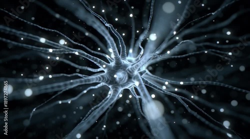 Neuron Synapse Network 3D Render, Microscopic Depth of Field, Firing Electrical Impulses, Science Biology Animation