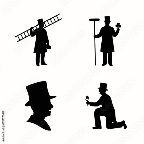Black silhouettes of traditional chimney sweeps symbolizing good luck and fortune.