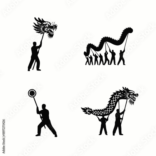Silhouettes of traditional Chinese dragon dance performance for Lunar New Year and cultural festivals.