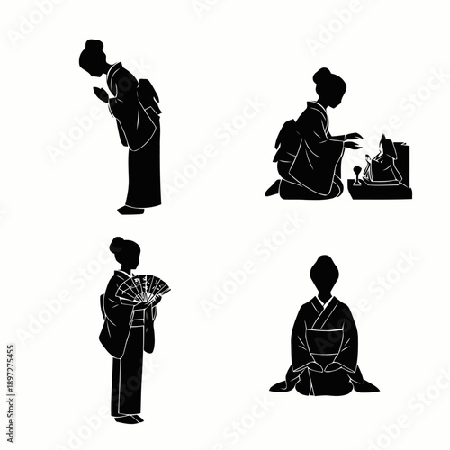 Silhouettes of Japanese women in traditional kimonos performing cultural gestures like bowing, tea ceremony, and holding a fan, representing Japanese tradition and etiquette.