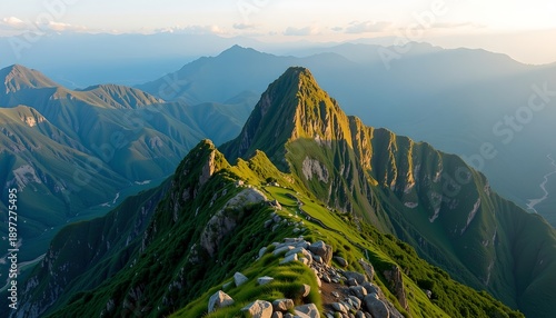 20260201184133list 203 a solitary, majestic mountain summit crowned with jagged rocks and lush emerald hued vegetation, glowing softly under the first light of day
