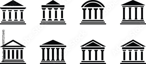 Classical courthouse building silhouette icon set, government bank university temple symbols isolated on white background for design