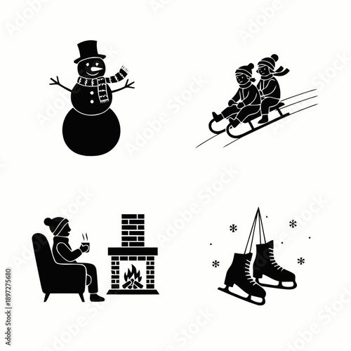 Winter activities and cozy holiday moments icon set featuring a snowman, children sledding, a person by a fireplace, and ice skates.