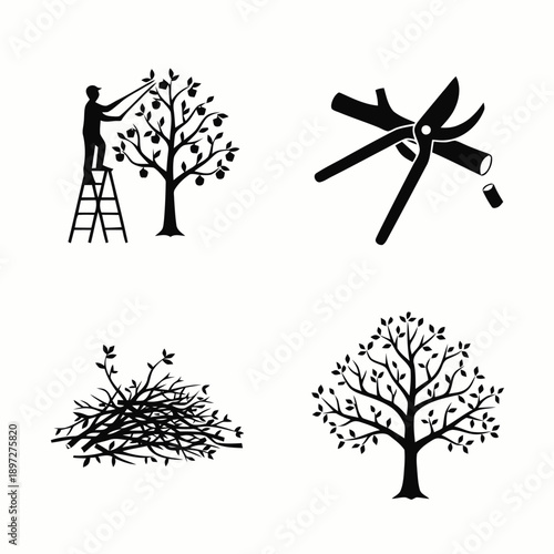 Tree pruning and garden maintenance icons set.