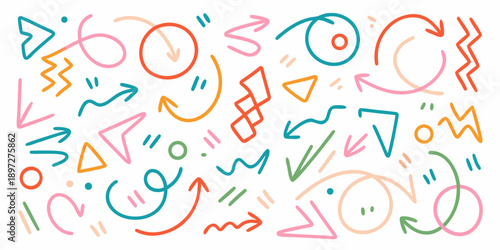 Colorful abstract doodle pattern with various shapes and lines