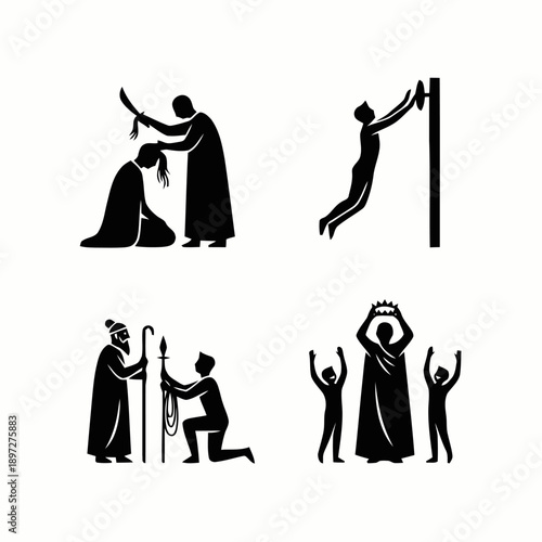 Historical and religious silhouette icons depicting ancient scenes of power, sacrifice, homage, and coronation.