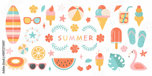 Colorful summer icons including ice cream surfboards and tropical elements