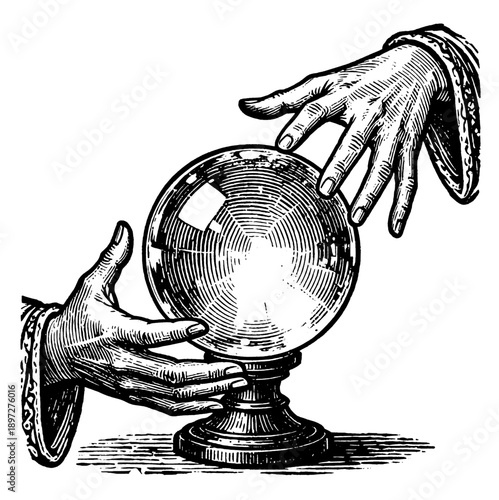 Hands holding crystal ball woodcut illustration, vintage engraving style for magic and fortune telling concept