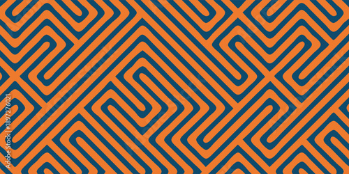 Geometric Maze Pattern with Orange and Blue Lines.