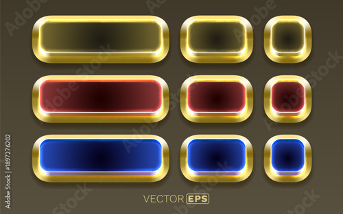 Glossy gold buttons set with neon glow. Luxurious web elements in various shapes and colors.