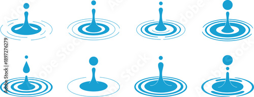 Water drop splash ripple icon set, blue liquid droplet symbols with wave circles isolated on white background for design