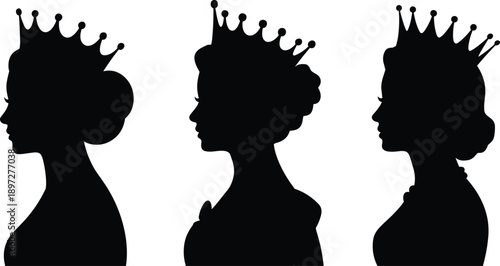Queen silhouette profiles wearing crowns, royal female portrait icons in black isolated on white background for luxury branding design