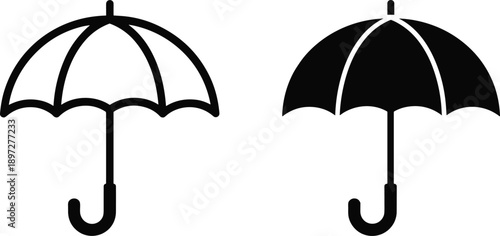 Black and white umbrella icons vector illustration, open umbrella symbols isolated on white background for weather protection design concepts branding