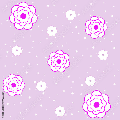 Sweet Pink Flower Seamless Pattern with Stars, Pastel Kids Background